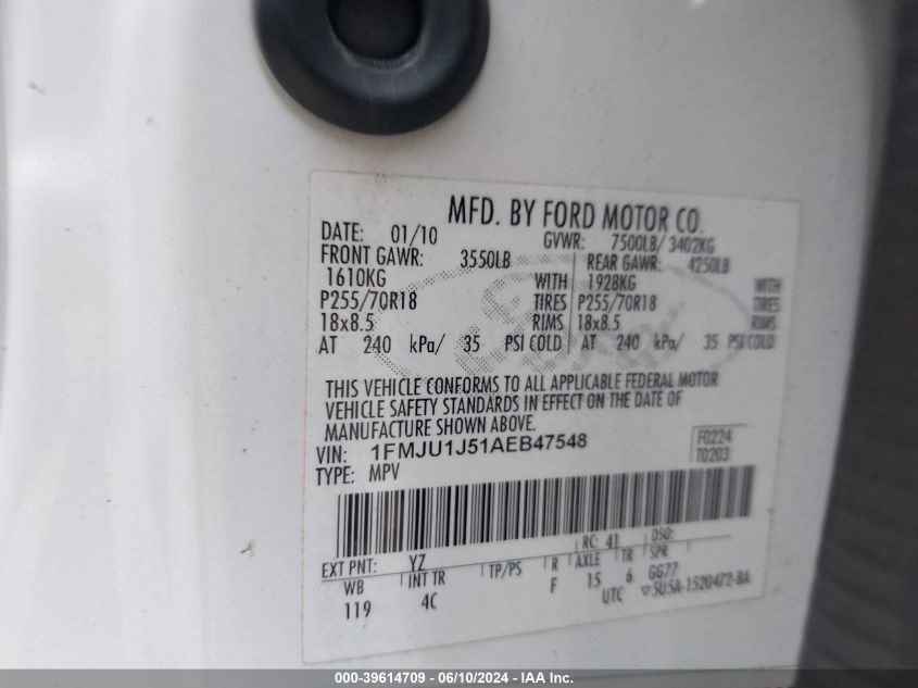 2010 Ford Expedition Eddie Bauer/King Ranch VIN: 1FMJU1J51AEB47548 Lot: 39614709