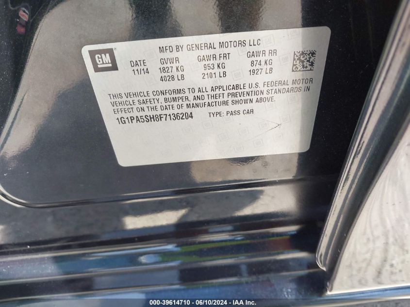 2015 Chevrolet Cruze Ls Auto VIN: 1G1PA5SH8F7136204 Lot: 39614710