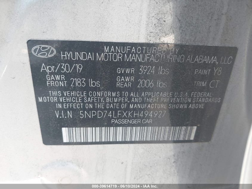 2019 Hyundai Elantra Se VIN: 5NPD74LFXKH494927 Lot: 39614719