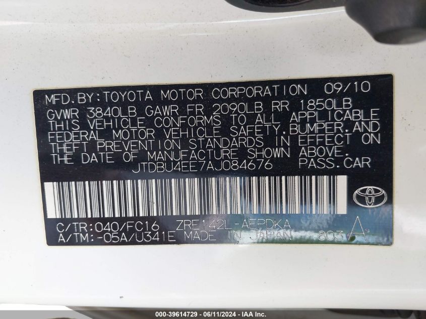 2010 Toyota Corolla Le VIN: JTDBU4EE7AJ084676 Lot: 39614729