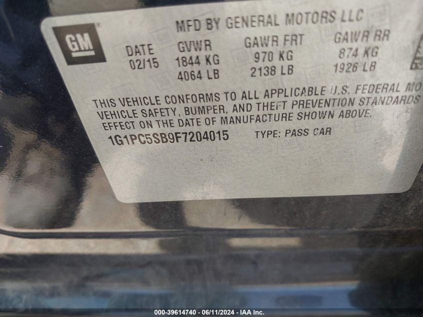 2015 Chevrolet Cruze 1Lt Auto VIN: 1G1PC5SB9F7204015 Lot: 39614740