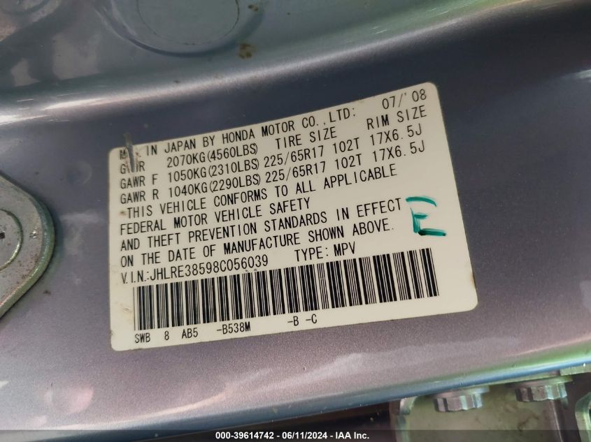 2008 Honda Cr-V Ex VIN: JHLRE38598C056039 Lot: 39614742
