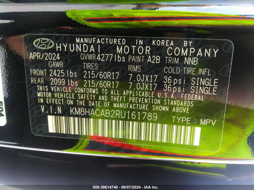 2024 Hyundai Kona Se VIN: KM8HACAB2RU161789 Lot: 39614748