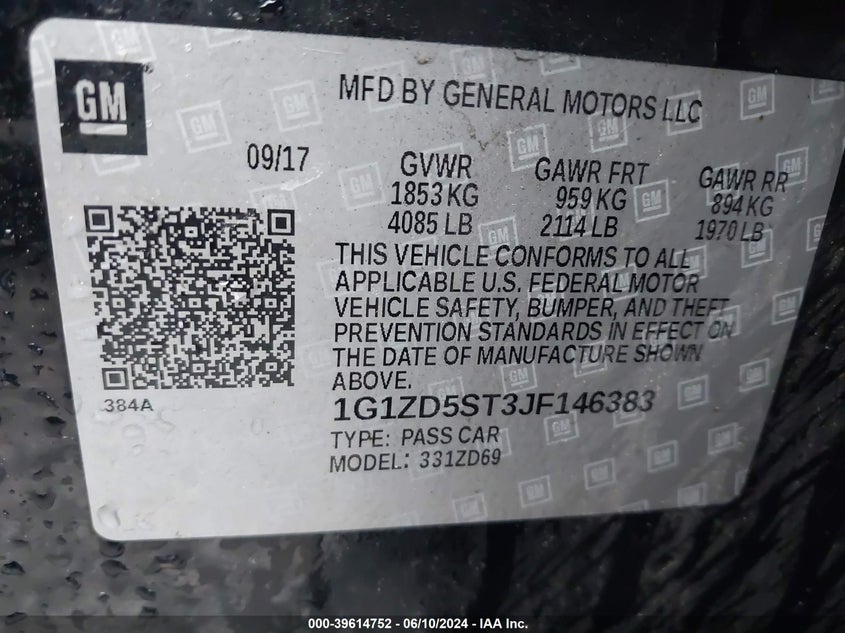 2018 Chevrolet Malibu Lt VIN: 1G1ZD5ST3JF146383 Lot: 39614752