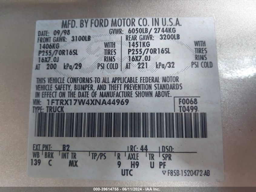1999 Ford F-150 Lariat/Work Series/Xl/Xlt VIN: 1FTRX17W4XNA44969 Lot: 39614755