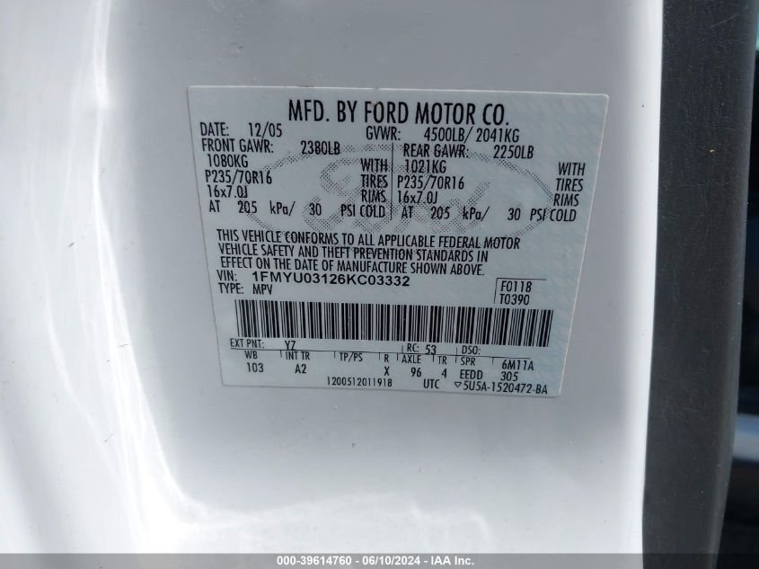 2006 Ford Escape Xlt/Xlt Sport VIN: 1FMYU03126KC03332 Lot: 39614760