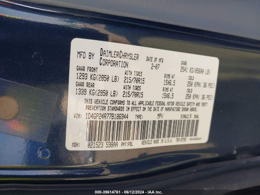 1046P24R77B186944 2007 Dodge Grand Caravan