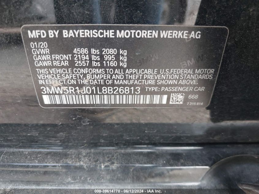 2020 BMW 330I VIN: 3MW5R1J01L8B26813 Lot: 39614770