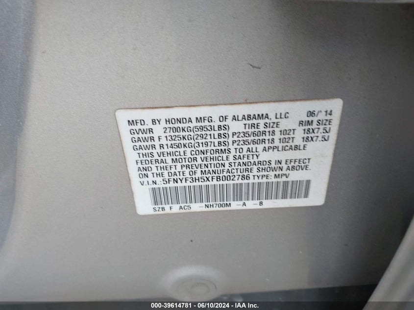 2015 Honda Pilot Ex-L VIN: 5FNYF3H5XFB002786 Lot: 39614781