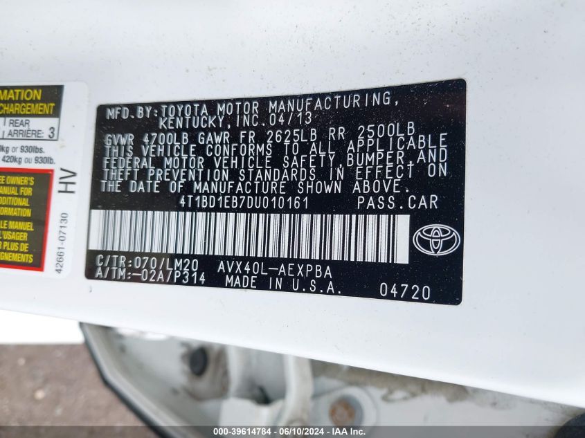 4T1BD1EB7DU010161 2013 Toyota Avalon Hybrid Limited