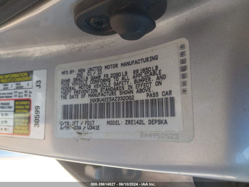 2010 Toyota Corolla S VIN: 1NXBU4EE5AZ332062 Lot: 39614827