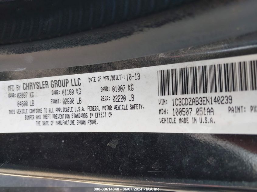 2014 Dodge Avenger Se VIN: 1C3CDZAB3EN140239 Lot: 39614840