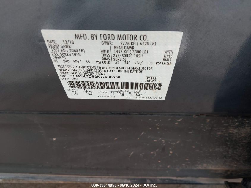 2019 Ford Explorer Xlt VIN: 1FM5K7D83KGA8556 Lot: 39614853