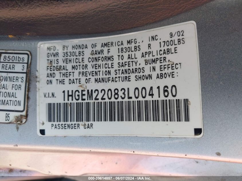 2003 Honda Civic Ex VIN: 1HGEM22083L004160 Lot: 39614857