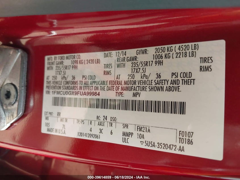 2015 Ford Escape Se VIN: 1FMCU0GX9FUA99984 Lot: 39614859