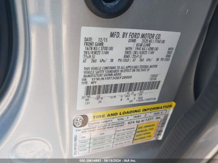 2016 Ford Expedition El Platinum VIN: 1FMJK1MT3GEF25555 Lot: 39614863