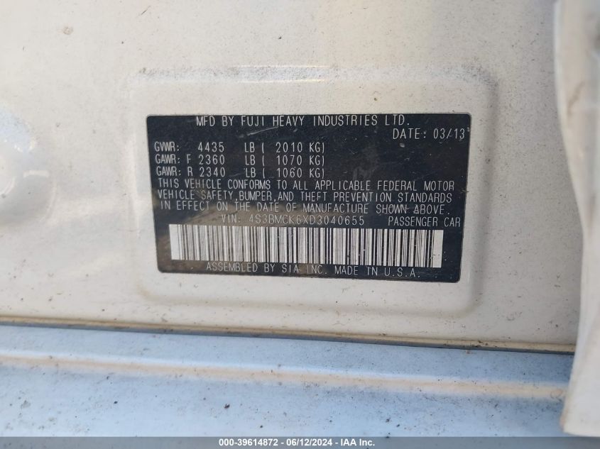 2013 Subaru Legacy 2.5I Limited VIN: 4S3BMCK6XD3040655 Lot: 39614872