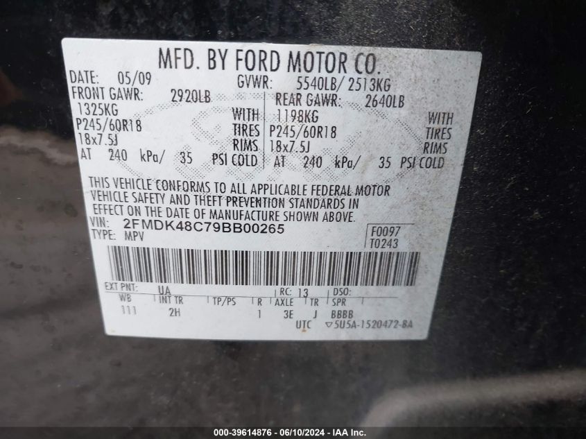 2009 Ford Edge Sel VIN: 2FMDK48C79BB00265 Lot: 39614876