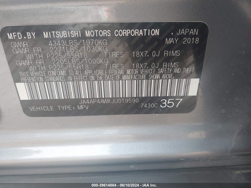 2018 Mitsubishi Outlander Sport 2.4 Sel VIN: JA4AP4AWXJU019590 Lot: 39614884