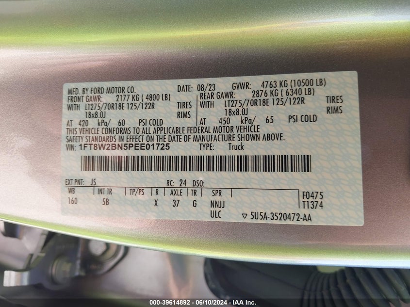 2023 Ford F-250 Lariat VIN: 1FT8W2BN5PEE01725 Lot: 39614892