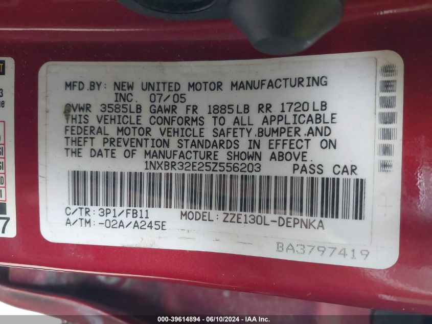 2005 Toyota Corolla Le VIN: 1NXBR32E25Z556203 Lot: 39614894