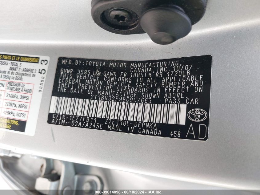 2008 Toyota Corolla Le VIN: 2T1BR32E98C907663 Lot: 39614898