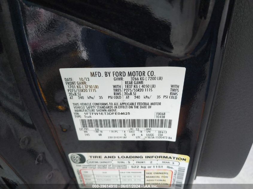 2013 Ford F-150 Fx4 VIN: 1FTFW1ET3DFE04625 Lot: 39614910