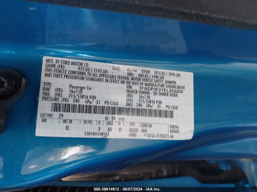 2014 Ford Focus Se VIN: 1FADP3F21EL252200 Lot: 39614912