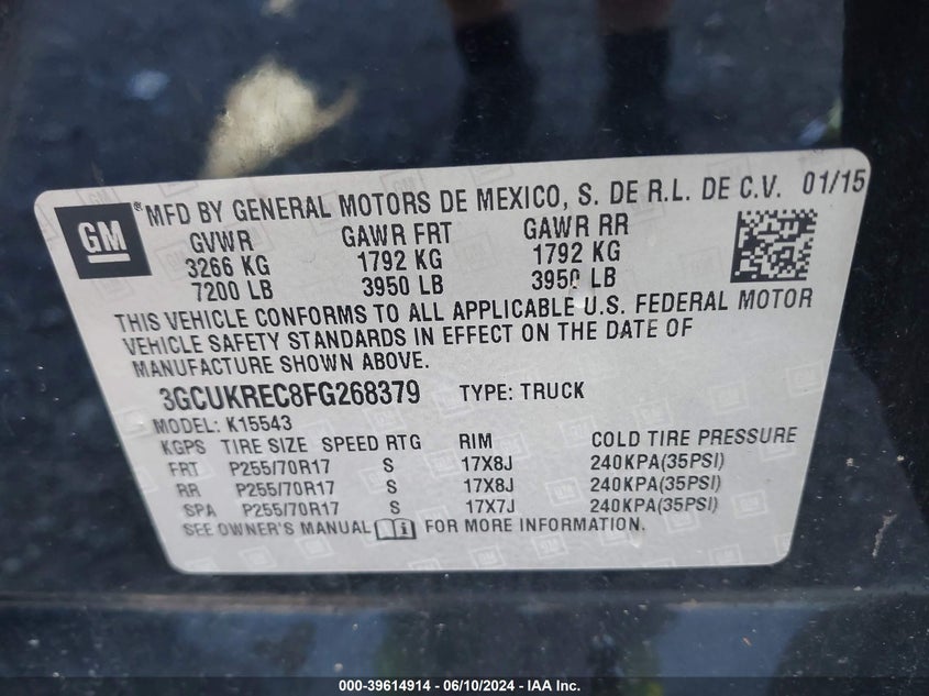 2015 Chevrolet Silverado 1500 1Lt VIN: 3GCUKREC8FG268379 Lot: 39614914