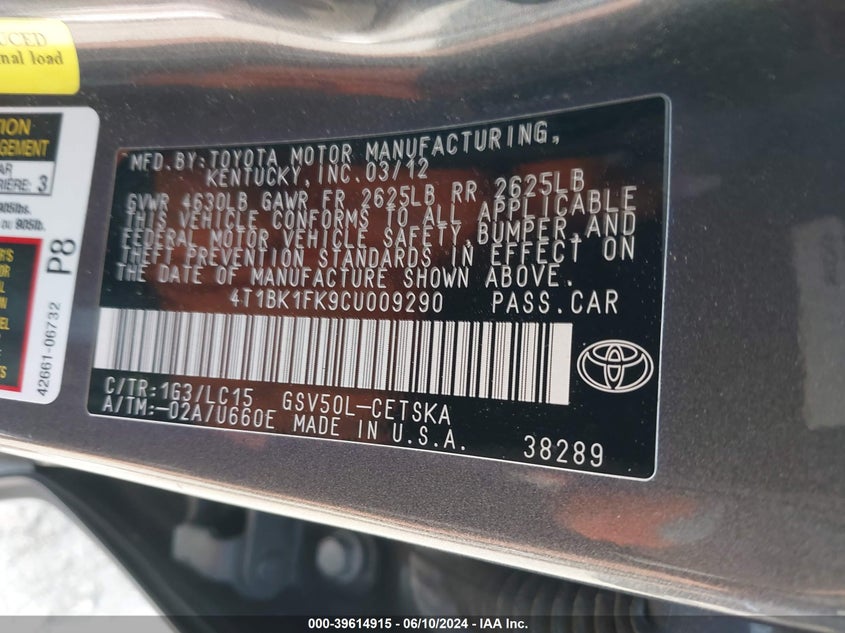 2012 Toyota Camry Se V6 VIN: 4T1BK1FK9CU009290 Lot: 39614915