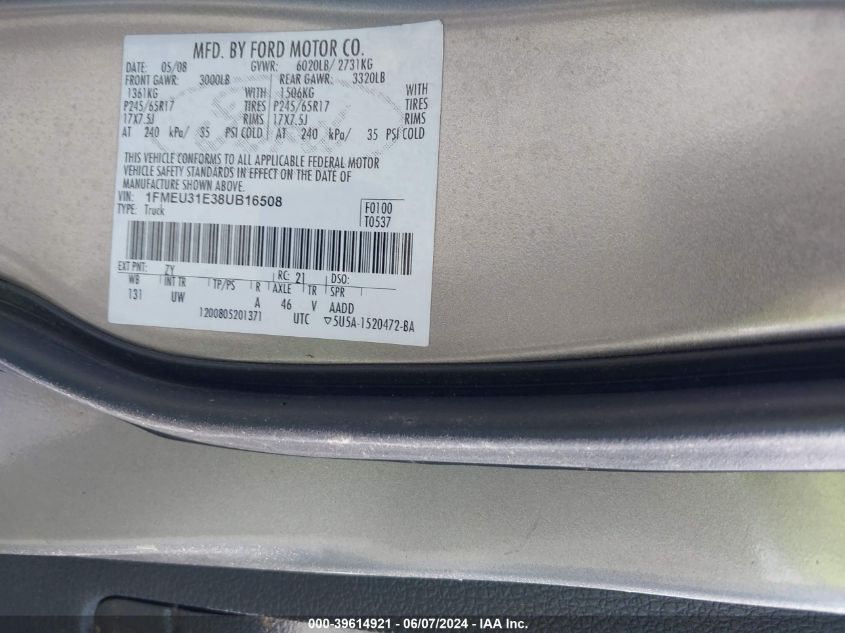 2008 Ford Explorer Sport Trac Xlt VIN: 1FMEU31E38UB16508 Lot: 39614921