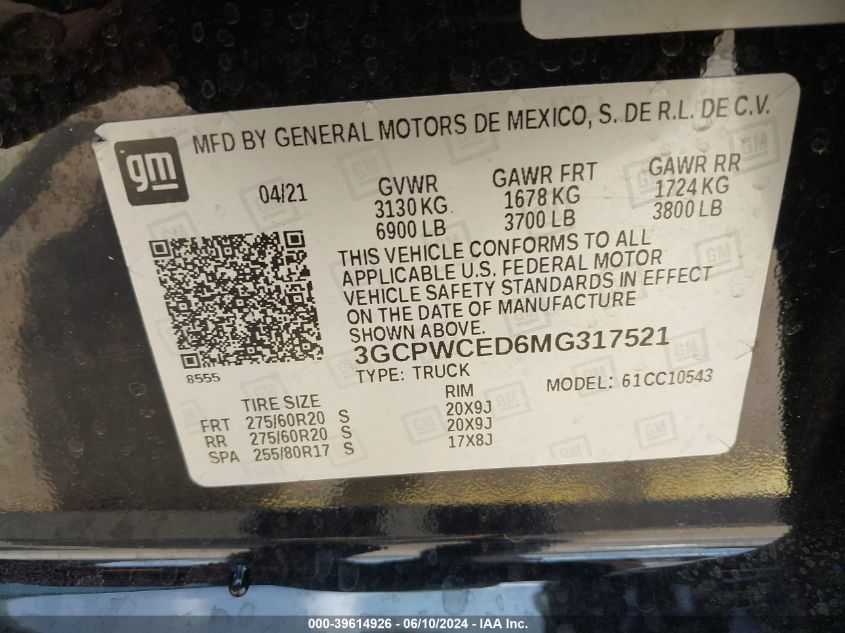 2021 Chevrolet Silverado 1500 2Wd Short Bed Lt VIN: 3GCPWCED6MG317521 Lot: 39614926