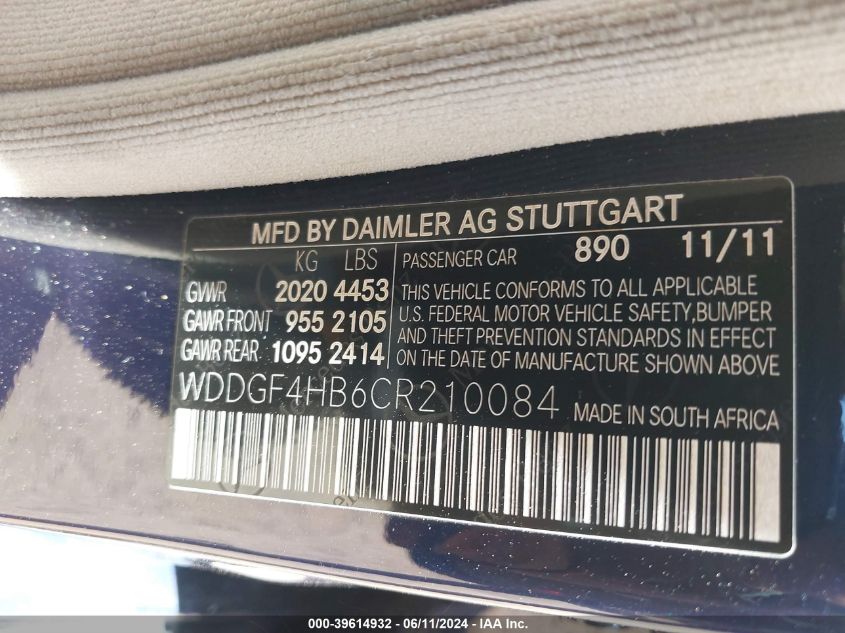 2012 Mercedes-Benz C 250 Luxury/Sport VIN: WDDGF4HB6CR210084 Lot: 39614932