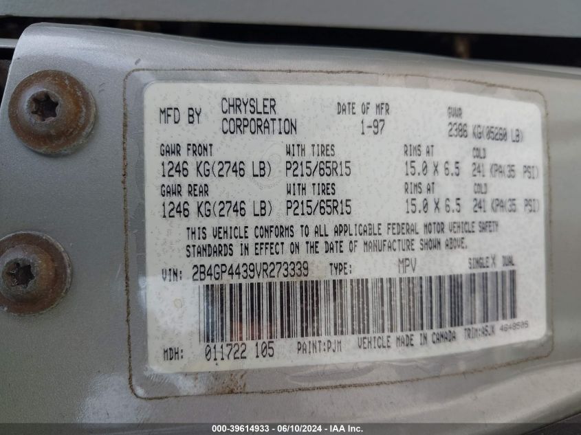 1997 Dodge Grand Caravan Se VIN: 2B4GP4439VR273339 Lot: 39614933