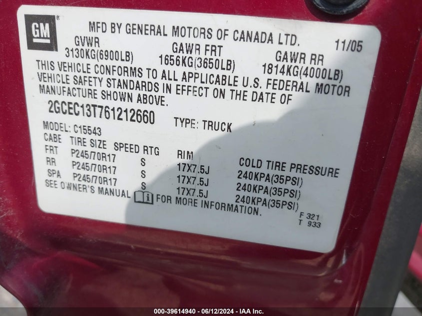 2006 Chevrolet Silverado 1500 Lt1 VIN: 2GCEC13T761212660 Lot: 39614940