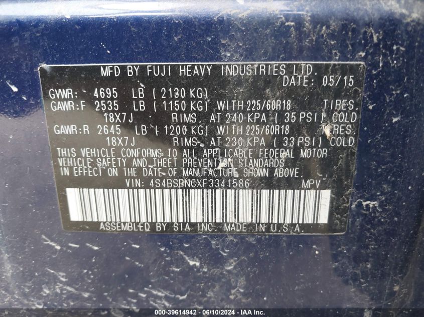 2015 Subaru Outback 2.5I Limited VIN: 4S4BSBNCXF3341586 Lot: 39614942