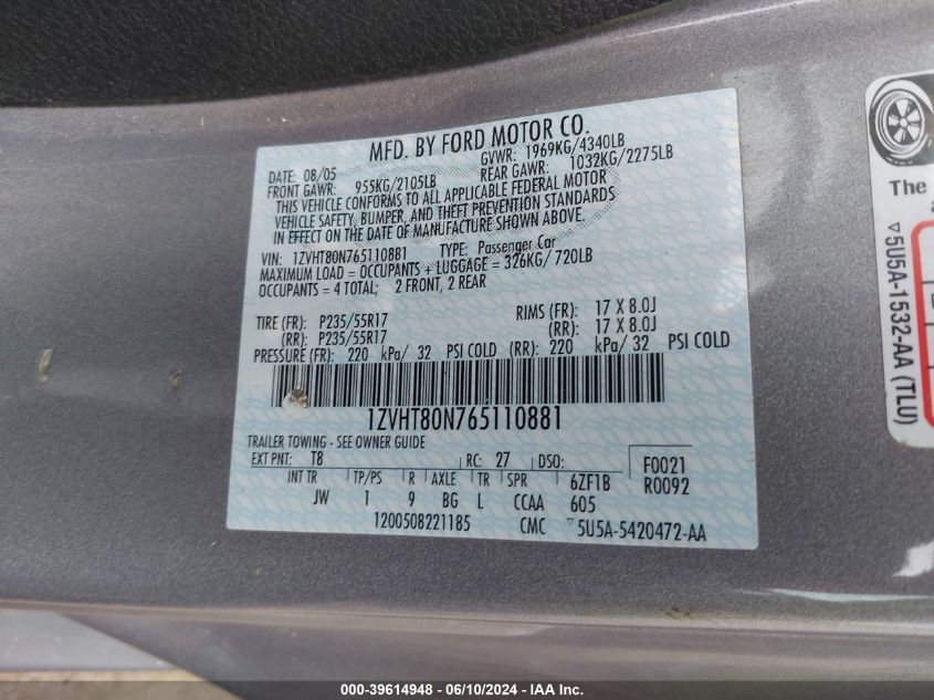 2006 Ford Mustang V6 VIN: 1ZVHT80N765110881 Lot: 39614948