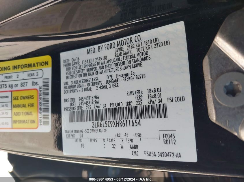 2017 Lincoln Mkz Select VIN: 3LN6L5C9XHR611654 Lot: 39614953