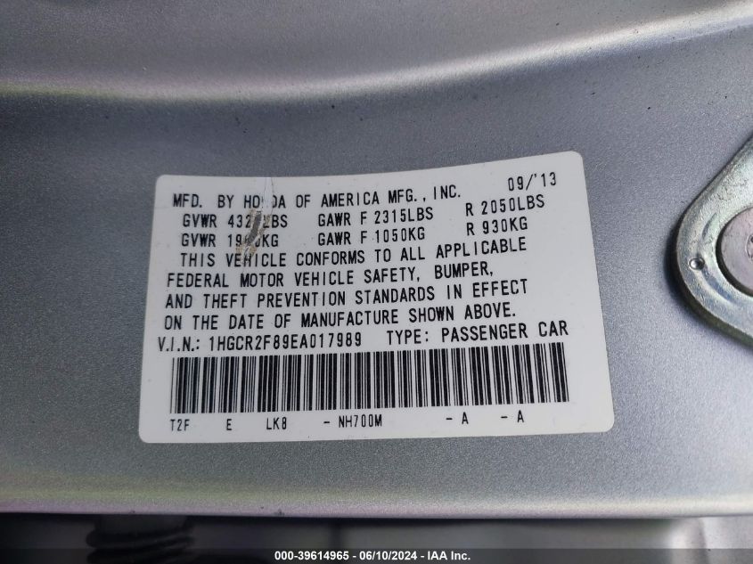 1HGCR2F89EA017989 2014 Honda Accord Ex-L