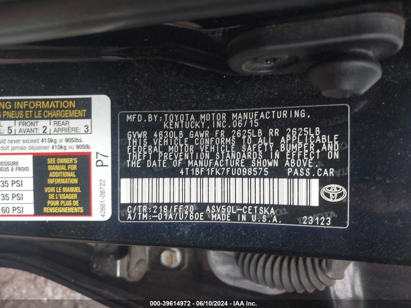 2015 Toyota Camry Se VIN: 4T1BF1FK7FU098575 Lot: 39614972