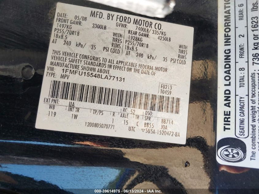 2008 Ford Expedition Xlt VIN: 1FMFU15548LA77131 Lot: 39614975