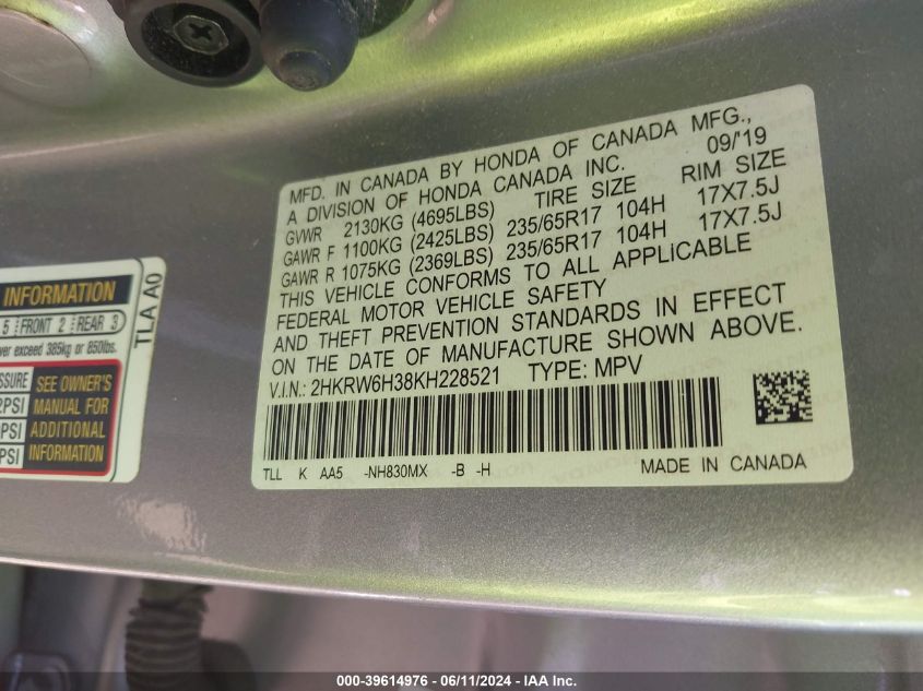 2019 Honda Cr-V Lx VIN: 2HKRW6H38KH228521 Lot: 39614976