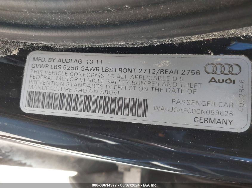 2012 Audi A6 3.0 Premium VIN: WAUJGAFC0CN059626 Lot: 39614977