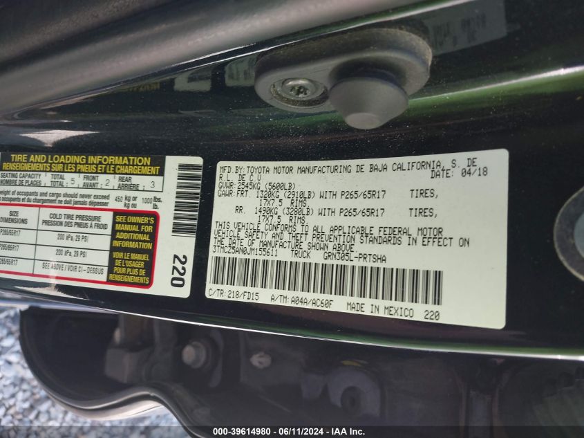 2018 Toyota Tacoma Trd Sport VIN: 3TMCZ5AN0JM155611 Lot: 39614980
