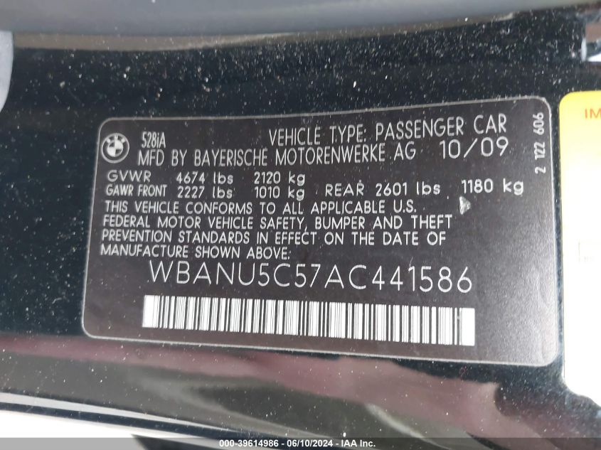 2010 BMW 528I VIN: WBANU5C57AC441586 Lot: 39614986
