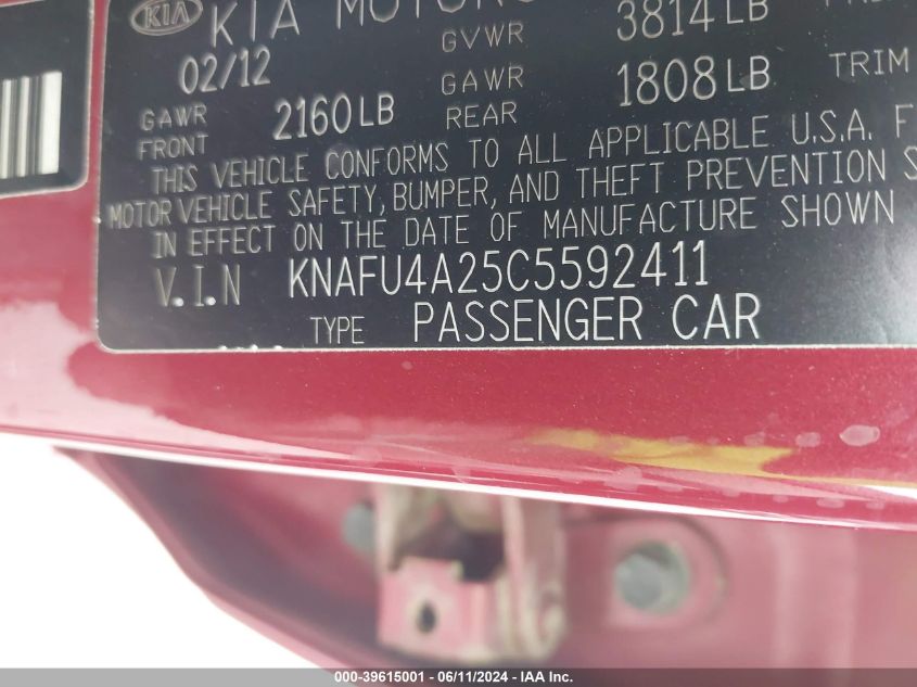 2012 Kia Forte Ex VIN: KNAFU4A25C5592411 Lot: 39615001