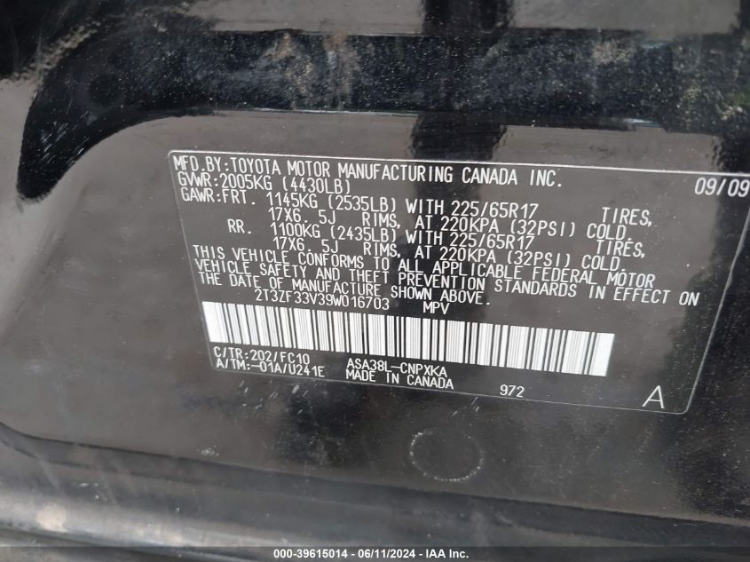 2009 Toyota Rav4 VIN: 2T3ZF33V39W016703 Lot: 39615014