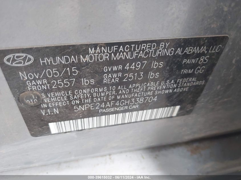 5NPE24AF4GH338704 2016 Hyundai Sonata Se