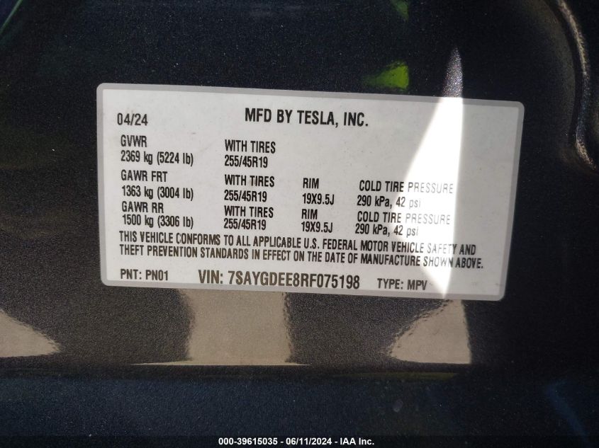 2024 Tesla Model Y Long Range Dual Motor All-Wheel Drive VIN: 7SAYGDEE8RF075198 Lot: 39615035