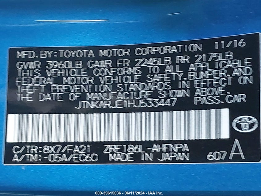 2017 Toyota Corolla Im VIN: JTNKARJE1HJ533447 Lot: 39615036